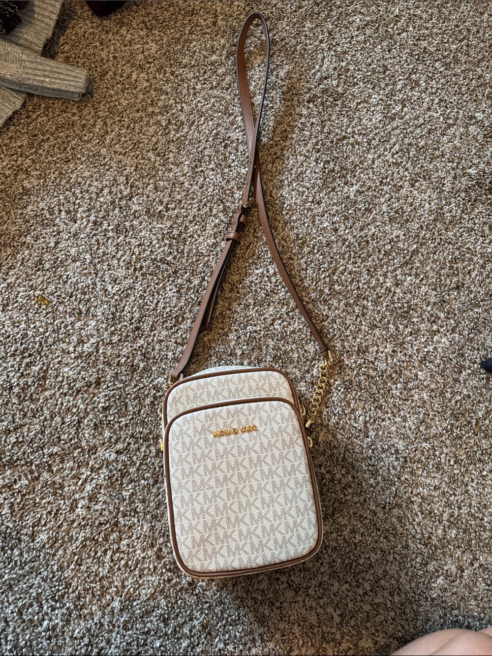 Michael Kors Beige and Brown Monogram Crossbody Messenger Bag